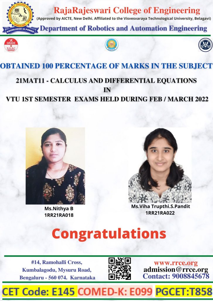 R&A 1st Sem VTU exam subject toppers